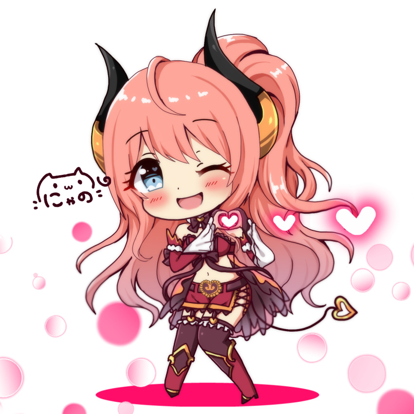 ;d bare_shoulders belt black_legwear blue_eyes blush boots brown_belt character_request chibi commentary curled_horns demon_girl demon_tail detached_sleeves head_tilt heart heart_hands heart_in_eye high_ponytail highres horns knee_boots long_hair long_sleeves navel nyano21 one_eye_closed open_mouth pink_hair ponytail princess_connect!_re:dive red_footwear red_skirt signature skirt smile solo suzuna_(princess_connect!) symbol_in_eye tail thighhighs thighhighs_under_boots very_long_hair wide_sleeves