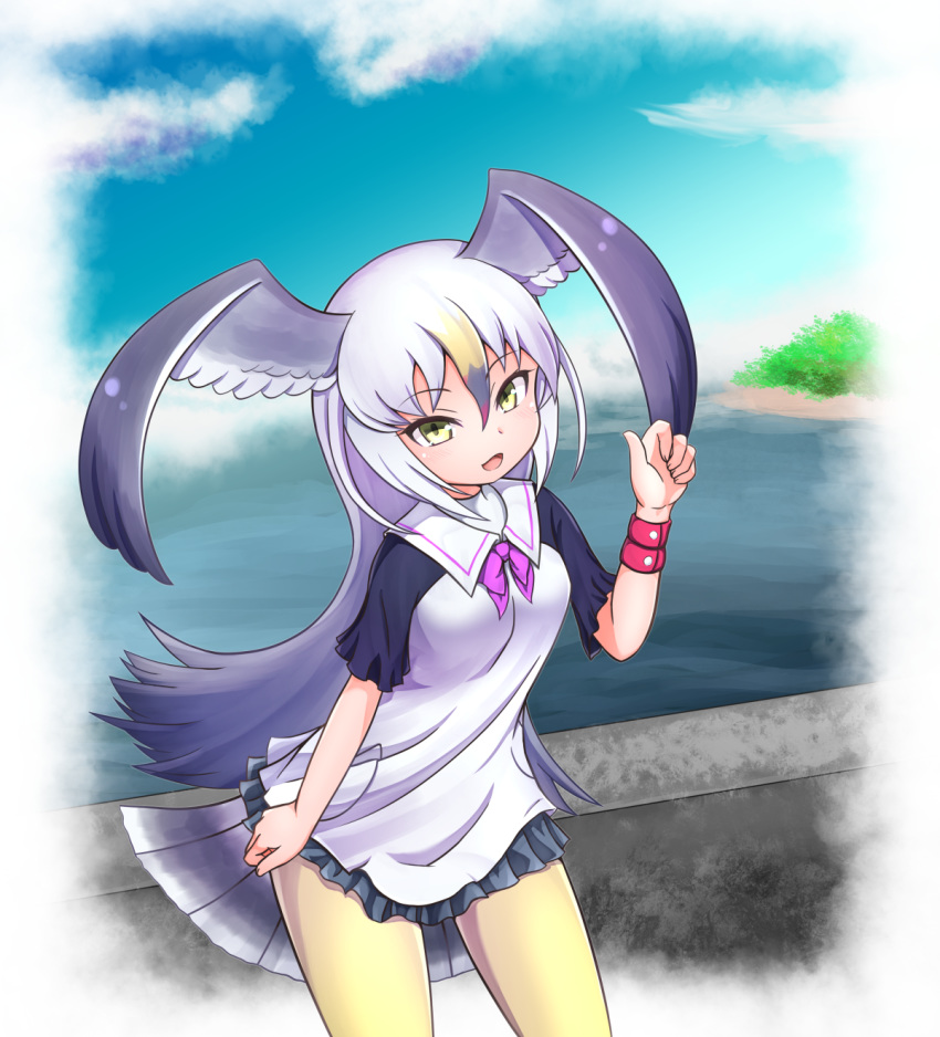 :d bird_tail black-tailed_gull_(kemono_friends) blue_sky breasts cloud commentary day dress eyebrows_visible_through_hair frilled_dress frills grey_hair hair_between_eyes hand_up head_wings highres kemono_friends long_hair looking_at_viewer marine_day multicolored_hair nina_yuki ocean open_mouth outdoors pantyhose short_sleeves sky smile solo tail white_background white_hair wristband yellow_eyes yellow_legwear