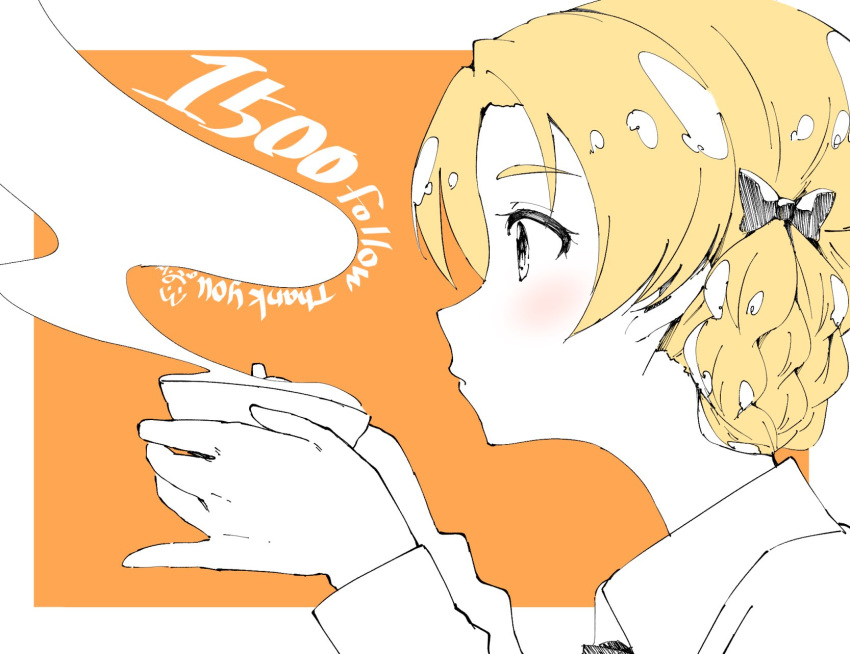 artist_name bangs bow braid closed_mouth commentary_request cup english followers from_side girls_und_panzer hair_bow highres holding holding_cup limited_palette orange_background orange_pekoe outside_border parted_bangs partially_colored profile short_hair signature solo steam teacup thank_you tied_hair toon_(noin) twin_braids