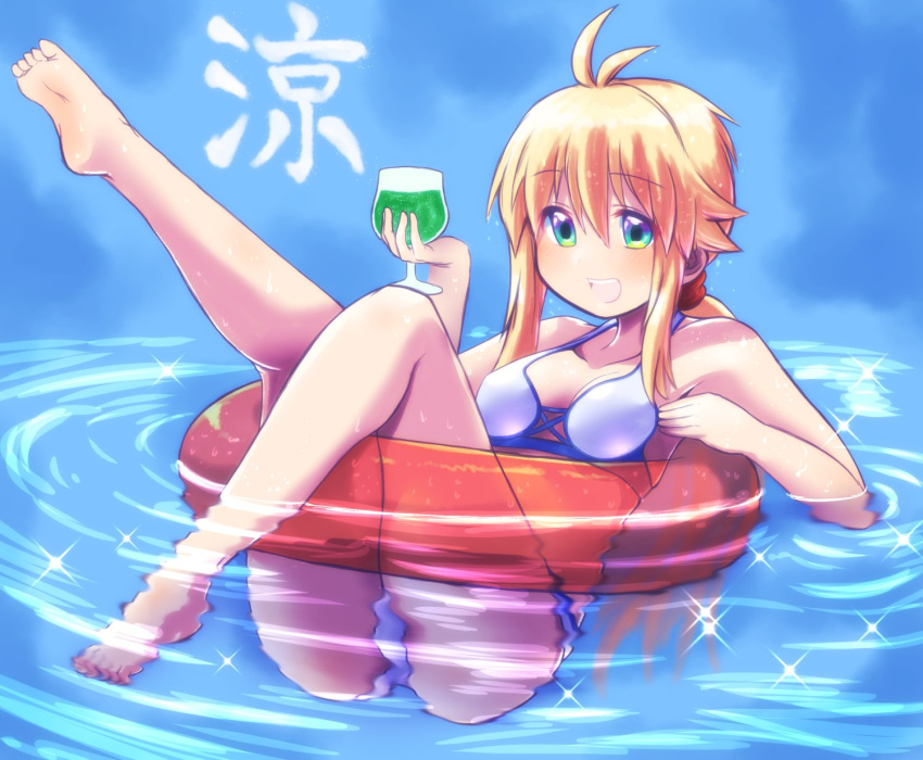 ahoge ass barefoot bikini blonde_hair breasts commentary cup drinking_glass green_eyes hair_ornament highres holding holding_cup innertube kanji koshirae_tsurugi long_hair m.m marine_day medium_breasts on_water open_mouth original partially_submerged ponytail ripples solo sparkle swimsuit white_bikini