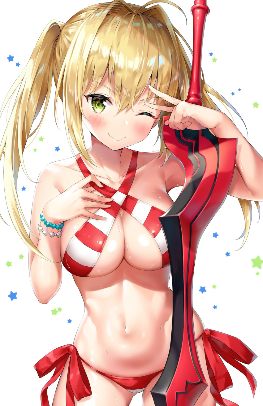 ;) absurdres aestus_estus ahoge ale_nqki ass_visible_through_thighs bikini blush bracelet breasts cleavage collarbone commentary cowboy_shot criss-cross_halter eyebrows_visible_through_hair fate/grand_order fate_(series) green_eyes hair_intakes halterneck hand_on_own_chest hands_up highres jewelry large_breasts long_hair looking_at_viewer navel nero_claudius_(fate)_(all) nero_claudius_(swimsuit_caster)_(fate) one_eye_closed shiny shiny_skin side-tie_bikini sidelocks simple_background smile solo star striped striped_bikini sweat swimsuit twintails v v-shaped_eyebrows v_over_eye white_background
