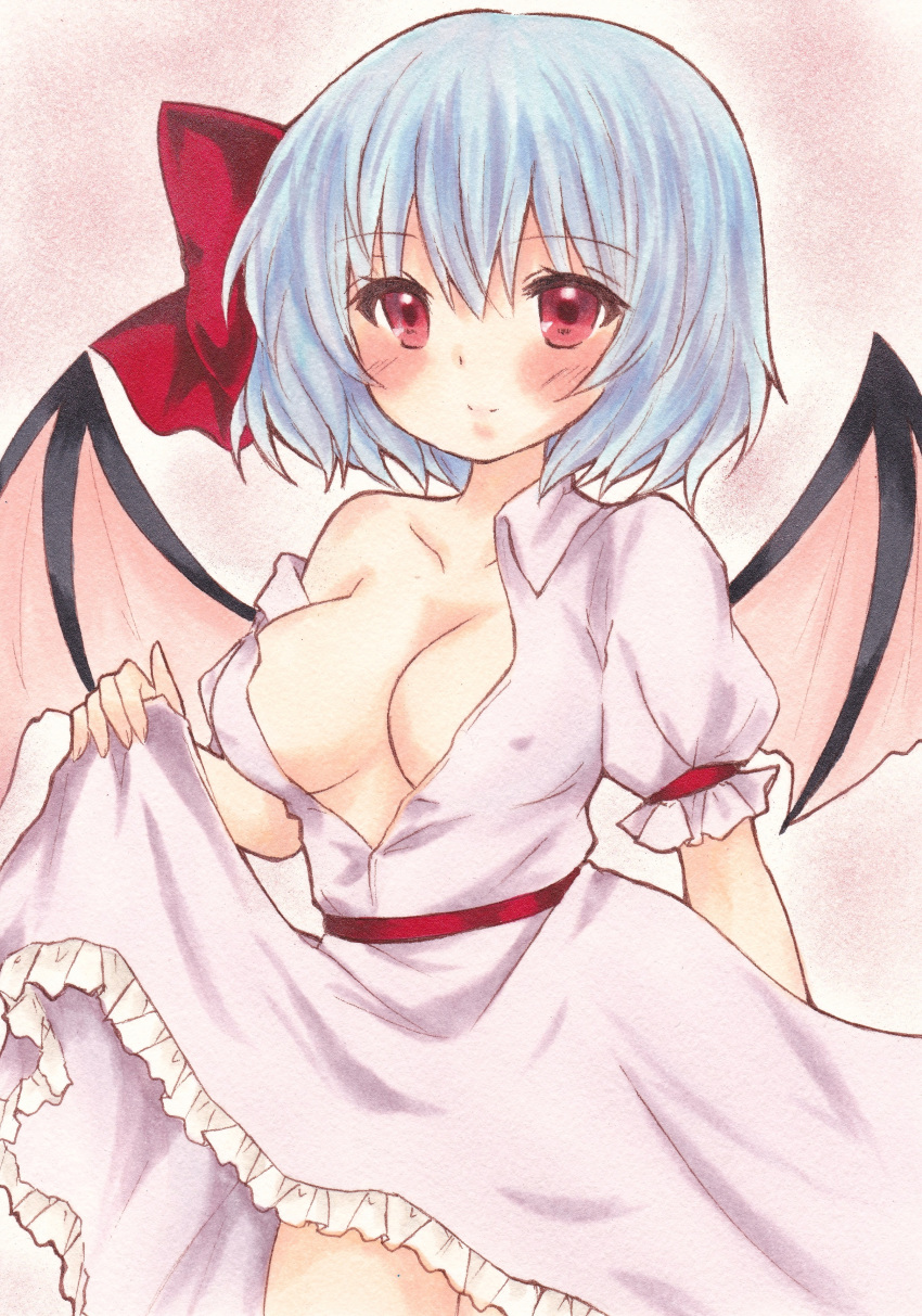 1girl blue_hair blush bow breasts cleavage dress dress_lift erect_nipples large_breasts looking_at_viewer no_bra off_shoulder red_eyes remilia_scarlet short_hair smile solo standing touhou traditional_media waitan1729 wings