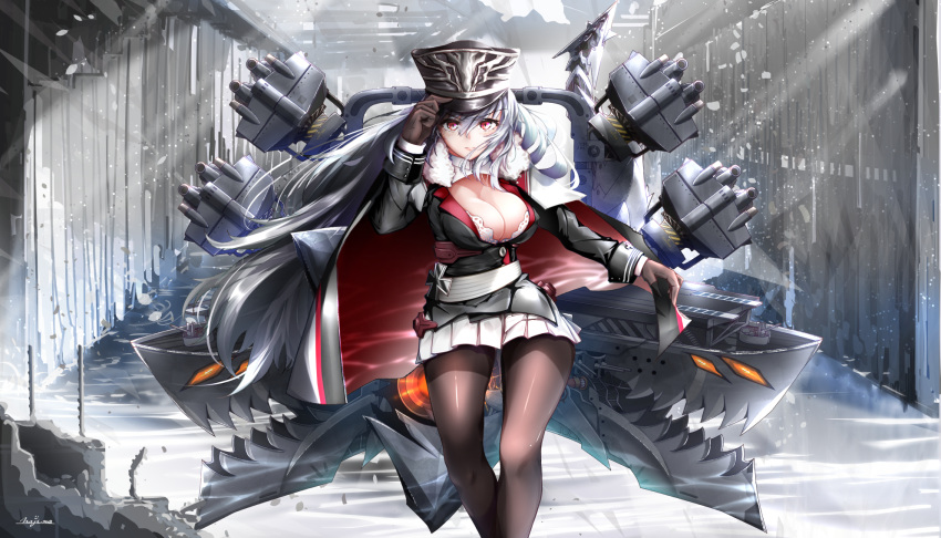 azur_lane bangs belt black_gloves black_legwear breasts cannon cape cleavage closed_mouth commentary_request expressionless eyebrows_visible_through_hair floating_hair fur-trimmed_cape fur_trim gloves graf_zeppelin_(azur_lane) hair_between_eyes hand_on_headwear hat highres iron_cross jacket large_breasts light_rays long_hair looking_at_viewer machinery mid-stride military military_uniform naka_(nakamaru_ak) pantyhose peaked_cap pleated_skirt red_eyes rigging ripples sidelocks signature silver_hair skirt solo turret uniform very_long_hair walking water white_skirt wind wind_lift
