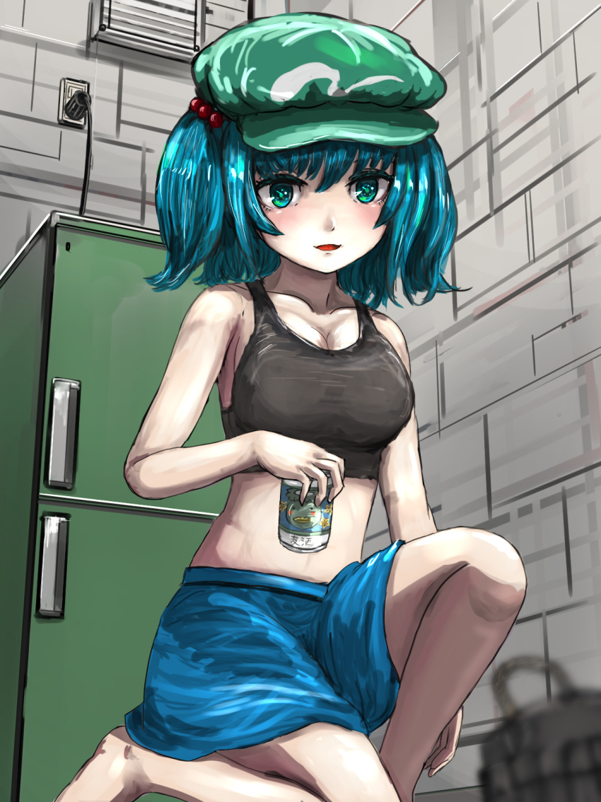 alternate_costume armpit_crease bad_id bad_pixiv_id bangs bare_arms bare_shoulders basket black_bra blue_eyes blue_hair blue_skirt blurry blush bra breasts brick_wall can cinder_block cleavage collarbone colored_eyelashes commentary_request depth_of_field electric_socket expressionless flat_cap green_hat hair_bobbles hair_ornament hat highres holding holding_can indoors kappa kawashiro_nitori legs light_smile looking_at_viewer mame_(mame3737) medium_breasts midriff miniskirt one_knee parted_lips plug refrigerator short_hair short_twintails sideboob skirt sleeveless solo sports_bra thighs touhou twintails two_side_up underwear
