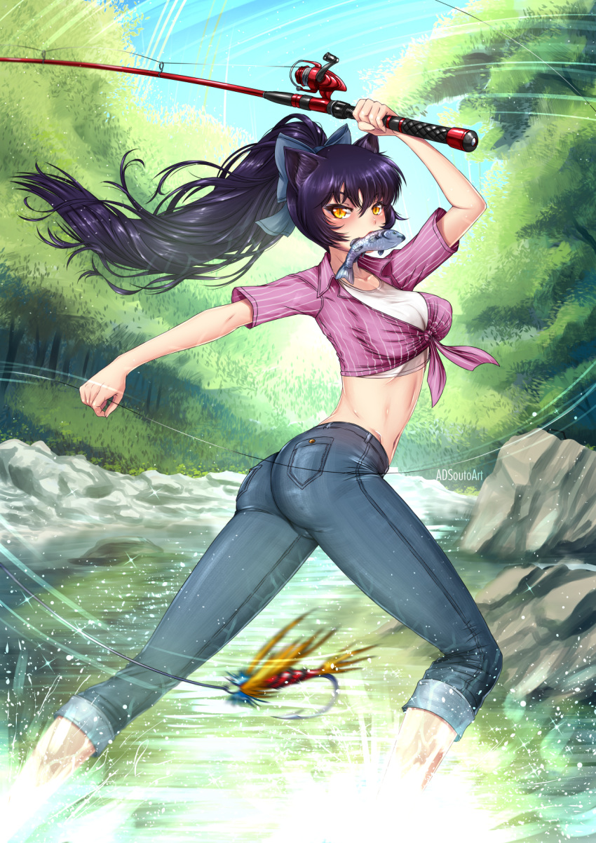 1girl adsouto animal_ears ass black_hair blake_belladonna breasts cat_ears fish fishing_rod forest hips lake legs nature navel outdoors ponytail rock rwby stomach thighs tied_hair water wide_hips yellow_eyes