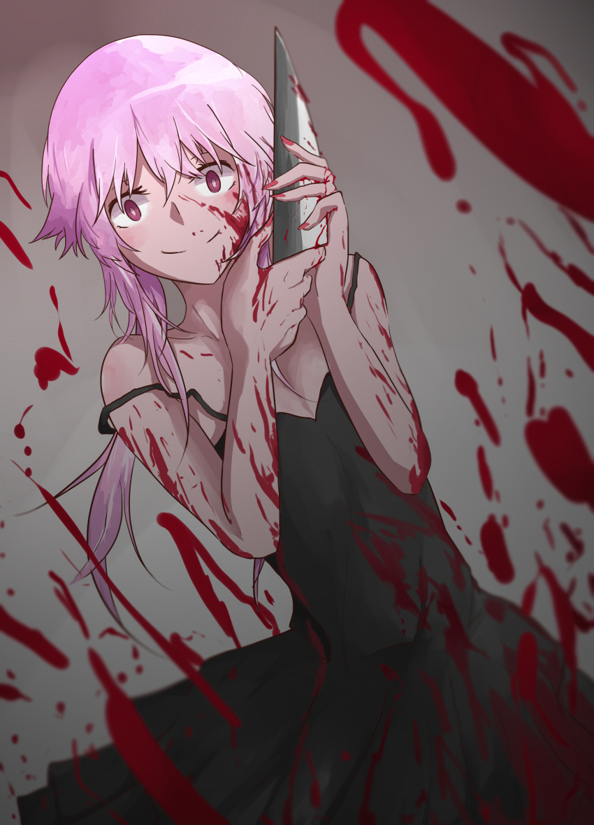 absurdres black_dress blood blood_on_face blood_splatter bloody_clothes bloody_weapon breasts cleavage collarbone dress dutch_angle floating_hair gasai_yuno grey_background hair_between_eyes highres holding holding_knife knife long_hair looking_at_viewer mirai_nikki off_shoulder pink_hair red_eyes shiliuye_feiyu sleeveless sleeveless_dress small_breasts smile solo standing weapon