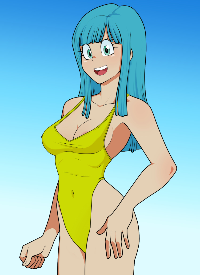 1girl artist_request bare_shoulders blue_eyes blue_hair breasts curvy dragon_ball dragonball_z female happy large_breasts long_hair looking_at_viewer maron_(dragon_ball) one-piece_swimsuit shiny shiny_skin smile standing swimsuit upper_body