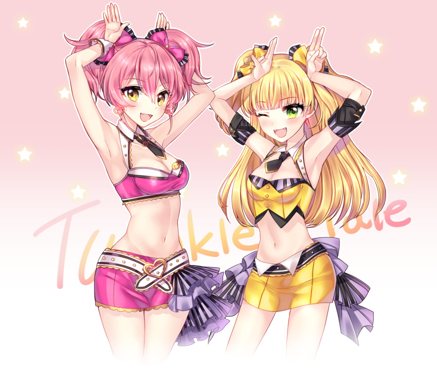 :d ;d armpits arms_up bangs black_neckwear blonde_hair blunt_bangs bow breasts bunny_pose choker cleavage commentary crop_top earrings eyebrows_visible_through_hair fangs green_eyes groin hair_bow heart heart_earrings highres idolmaster idolmaster_cinderella_girls jewelry jougasaki_mika jougasaki_rika long_hair medium_breasts midriff miniskirt multiple_girls navel necktie one_eye_closed open_mouth pink_background pink_hair pink_skirt pleated_skirt short_necktie siblings sisters skirt sleeveless smile star stomach symbol_commentary twintails xes_(xes_5377) yellow_bow yellow_skirt