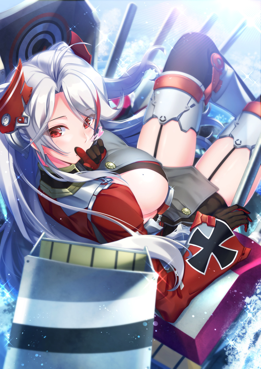 absurdres antenna_hair azur_lane bangs bikini blush boots breasts cannon closed_mouth commentary_request day elbow_rest eyebrows_visible_through_hair finger_to_mouth from_behind garter_straps gloves hair_between_eyes headgear highres ken_ill knee_boots large_breasts long_hair long_sleeves looking_at_viewer looking_back machinery military military_uniform mole mole_on_breast multicolored_hair ocean outdoors prinz_eugen_(azur_lane) red_hair rigging side_cutout sideboob sidelocks silver_hair sitting smile solo sparkle splashing streaked_hair swept_bangs swimsuit thighhighs thighs two_side_up uniform very_long_hair water wide_sleeves
