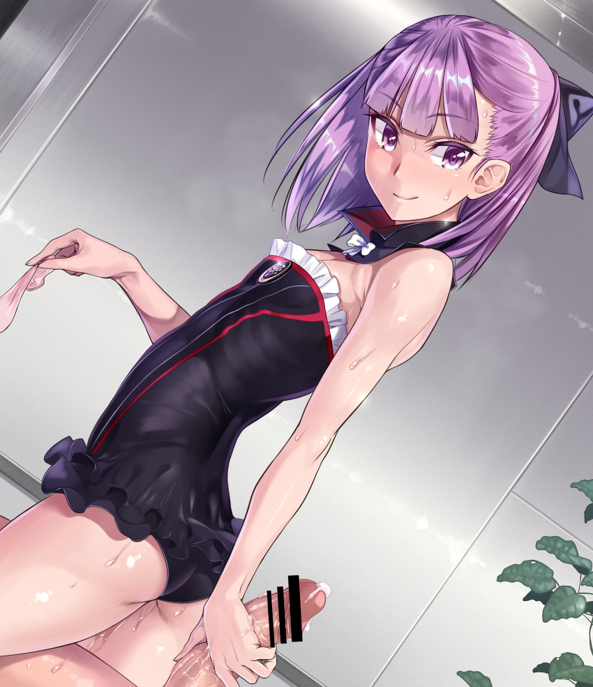 absurdres ass bangs bar_censor black_bow black_dress black_panties bow breasts censored closed_mouth collarbone commentary condom cum detached_collar dress eyebrows_visible_through_hair fate/grand_order fate_(series) frills hair_bow handjob helena_blavatsky_(fate/grand_order) highres hips looking_back orochi_itto panties penis purple_eyes purple_hair short_dress short_hair small_breasts smile solo_focus sweat thighs underwear used_condom