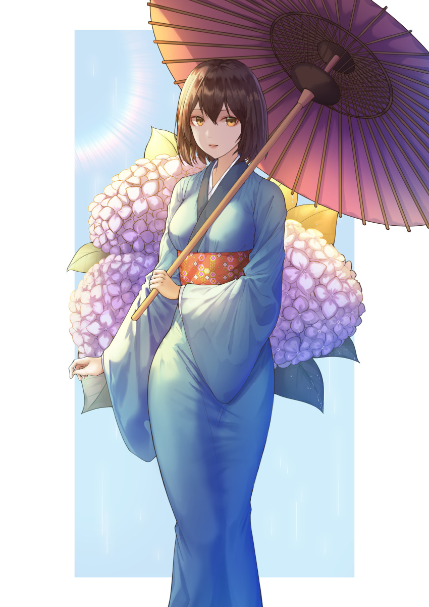 absurdres blue_kimono breasts brown_hair floral_print flower hair_between_eyes helawid highres holding holding_umbrella hydrangea japanese_clothes kimono looking_at_viewer obi oriental_umbrella original outside_border parted_lips sash solo standing umbrella wide_sleeves yellow_eyes