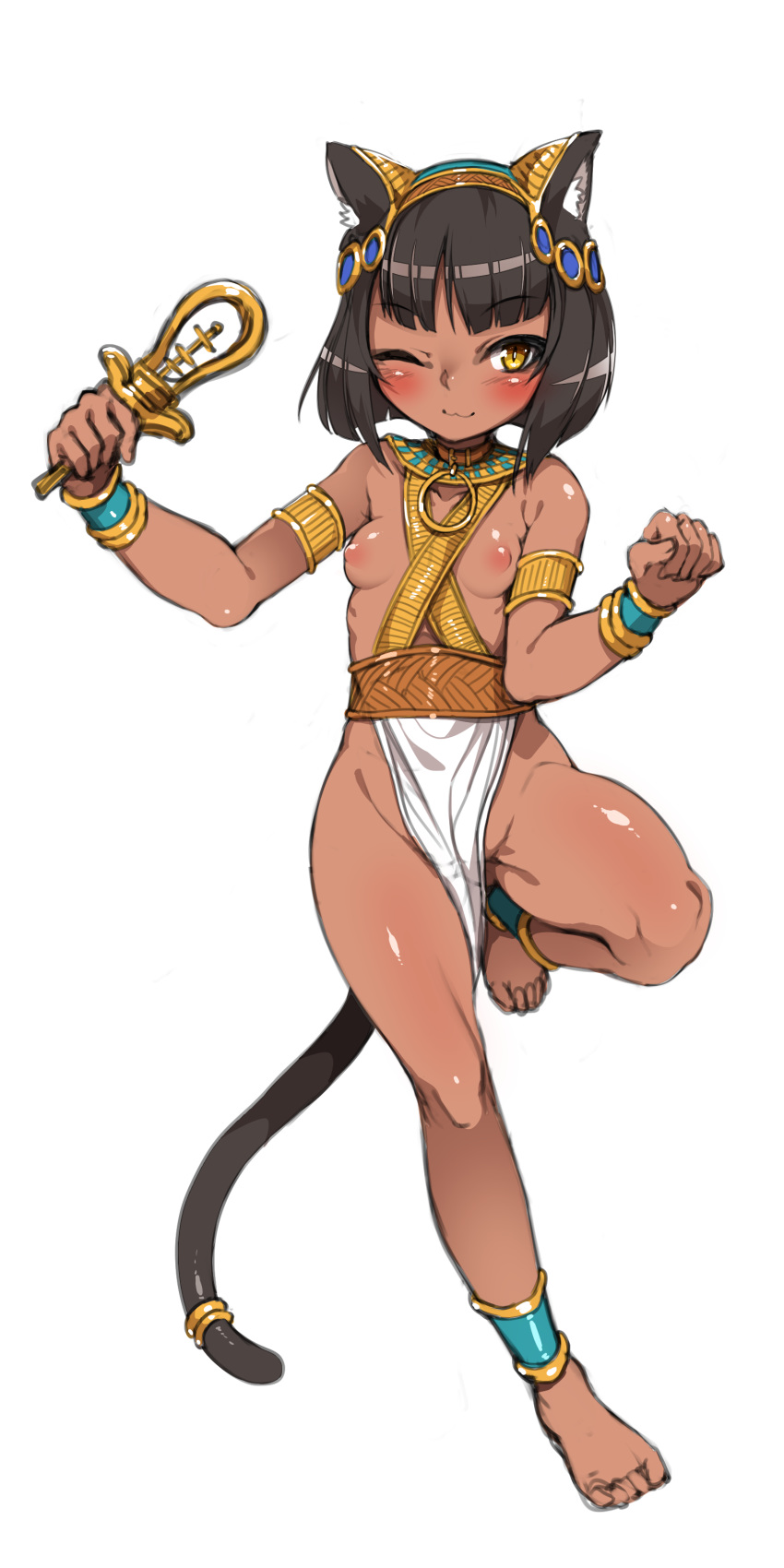 ;3 absurdres animal_ears anklet armlet bangs bare_legs bare_shoulders barefoot bastet black_hair blunt_bangs blush bob_cut bracelet breasts cat_ears cat_tail closed_mouth collarbone commentary_request dark_skin egyptian egyptian_clothes egyptian_mythology eyebrows_visible_through_hair full_body gold_trim groin harigane_shinshi headgear highres holding holding_instrument instrument jewelry leg_up looking_at_viewer necklace nipples original pelvic_curtain shiny shiny_hair shiny_skin short_hair simple_background slit_pupils small_breasts smile solo tail tail_ring tambourine white_background yellow_eyes