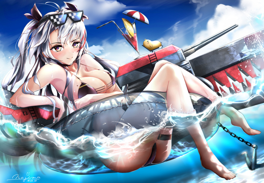 alternate_costume antenna_hair arm_across_waist armpits ass azur_lane bangs beach bikini black_bikini black_ribbon blue_sky blush breasts brown_eyes caustics choker cleavage closed_mouth cloud cloudy_sky commentary_request cross cross_earrings dated day deal_with_it drinking_straw dutch_angle earrings elbow_rest eyebrows_visible_through_hair eyewear_on_head hair_between_eyes hair_ribbon highres innertube iron_cross jewelry large_breasts long_hair looking_at_viewer lounging lying machinery mole mole_on_breast multicolored_hair naka_(nakamaru_ak) ocean outdoors partially_submerged partially_underwater_shot prinz_eugen_(azur_lane) red_hair ribbon rigging sidelocks signature silver_hair skindentation sky smile solo splashing streaked_hair sunglasses swimsuit thigh_strap thighs tropical_drink two_side_up very_long_hair waves