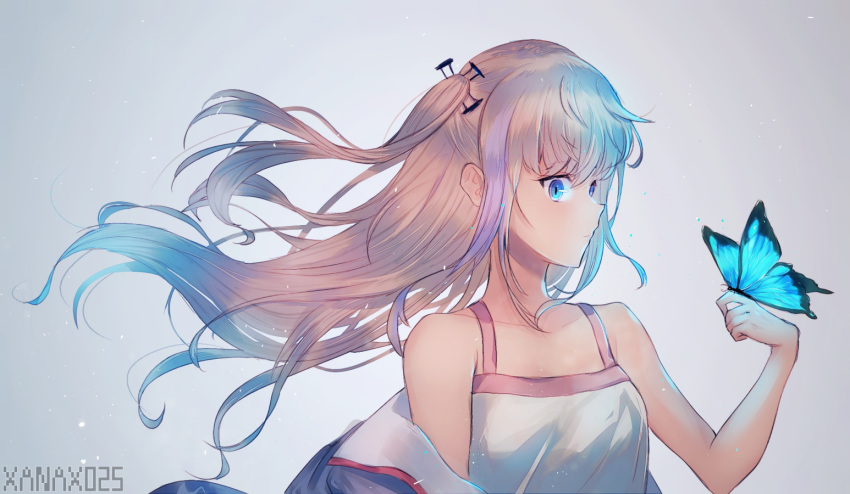 artist_name bangs blue_eyes breasts bug butterfly closed_mouth collarbone dress eyebrows_visible_through_hair floating_hair girls_frontline glowing gradient gradient_background hair_between_eyes hair_ornament insect jacket light_particles long_hair looking_at_viewer multicolored_hair off_shoulder one_side_up pink_hair sidelocks simple_background small_breasts solo st_ar-15_(girls_frontline) streaked_hair wind xanax025