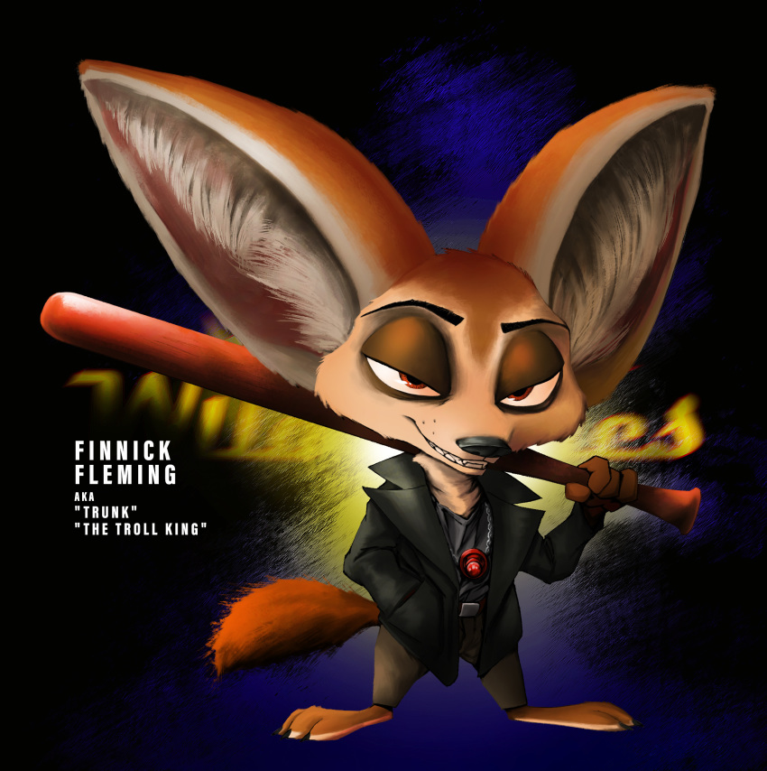 2018 anthro barefoot baseball_bat belt big_ears canine claws clothed clothing disney english_text fennec finnick fox half-closed_eyes hand_in_pocket holding_object inner_ear_fluff jewelry looking_at_viewer male mammal necklace solo standing text thewyvernsweaver toe_claws zootopia