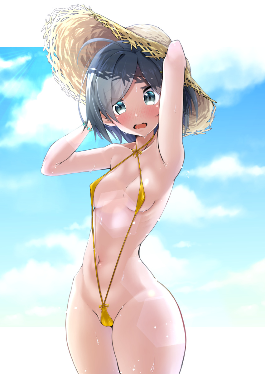 ahoge aqua_eyes arm_behind_head arm_up armpits bangs bare_arms bare_shoulders black_hair blue_eyes blue_sky blush bracelet breasts cameltoe cloud cloudy_sky collarbone commentary_request covered_nipples cowboy_shot criss-cross_halter day eyebrows_visible_through_hair fang groin halter_top halterneck hand_up hat highres hikigaya_komachi jewelry looking_at_viewer navel necklace nose_blush open_mouth ribs sarujie_(broken_monky) short_hair sky slingshot_swimsuit small_breasts solo standing stomach straw_hat sun_hat swimsuit wet yahari_ore_no_seishun_lovecome_wa_machigatteiru.