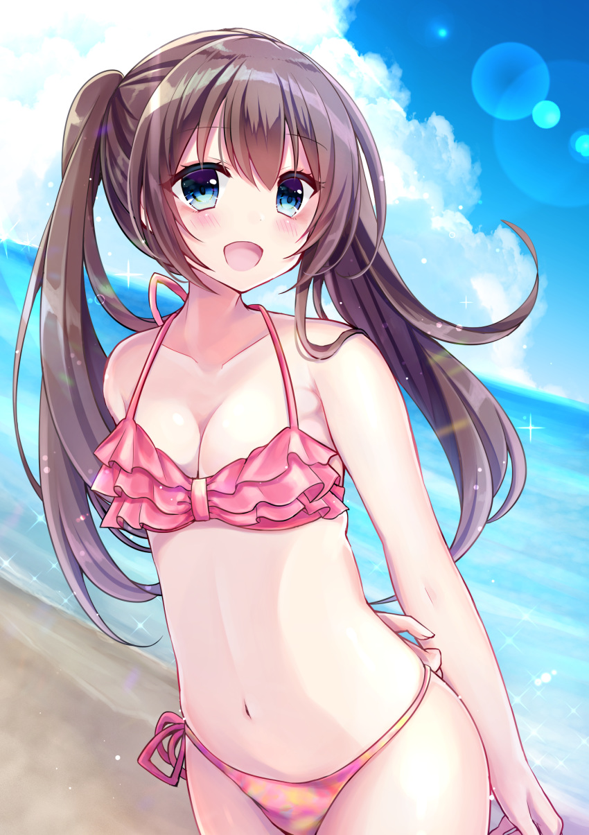 :d arm_behind_back bangs bare_arms bare_shoulders beach bikini blue_eyes blue_sky blush breasts brown_hair cleavage cloud cloudy_sky collarbone commentary day eyebrows_visible_through_hair fingernails hair_between_eyes highres horizon long_hair minami_saki navel ocean open_mouth original outdoors pink_bikini sand side-tie_bikini sky small_breasts smile solo swimsuit twintails very_long_hair water