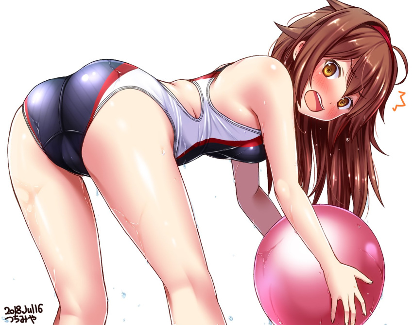 all_fours artist_name ass ball black_swimsuit brown_eyes brown_hair competition_swimsuit cowboy_shot dated hair_flaps hairband highres kantai_collection long_hair looking_at_viewer one-piece_swimsuit red_hairband remodel_(kantai_collection) shiratsuyu_(kantai_collection) simple_background solo swimsuit tsuchimiya white_background