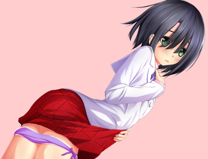 ass black_hair blazer commentary_request from_behind green_eyes hand_on_own_chest jacket kansyasai lifted_by_self looking_back original panties panty_pull pink_shirt purple_panties red_skirt school_uniform shirt short_hair skirt skirt_lift solo underwear upper_body white_jacket
