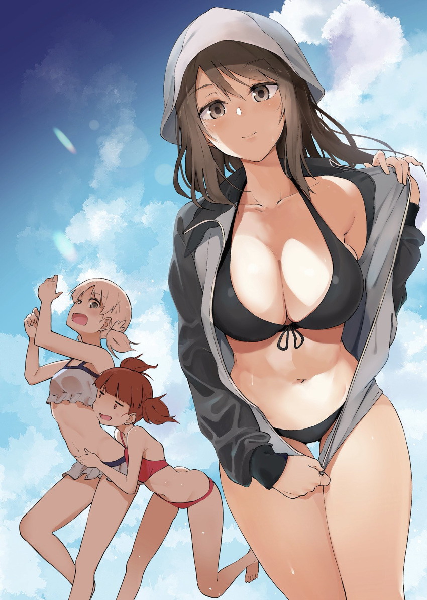aki_(girls_und_panzer) ass bare_shoulders bikini black_bikini blonde_hair blush breasts brown_eyes brown_hair cleavage cloud collarbone day eyebrows_visible_through_hair front-tie_top girls_und_panzer grey_eyes hat highres jacket large_breasts long_hair looking_at_viewer low_twintails mika_(girls_und_panzer) mikko_(girls_und_panzer) multiple_girls muteki_soda navel open_mouth red_bikini red_eyes red_hair short_hair short_twintails sky small_breasts smile swimsuit swimsuit_under_clothes thigh_gap torso_grab track_jacket twintails unzipping wet white_bikini zipper zipper_pull_tab