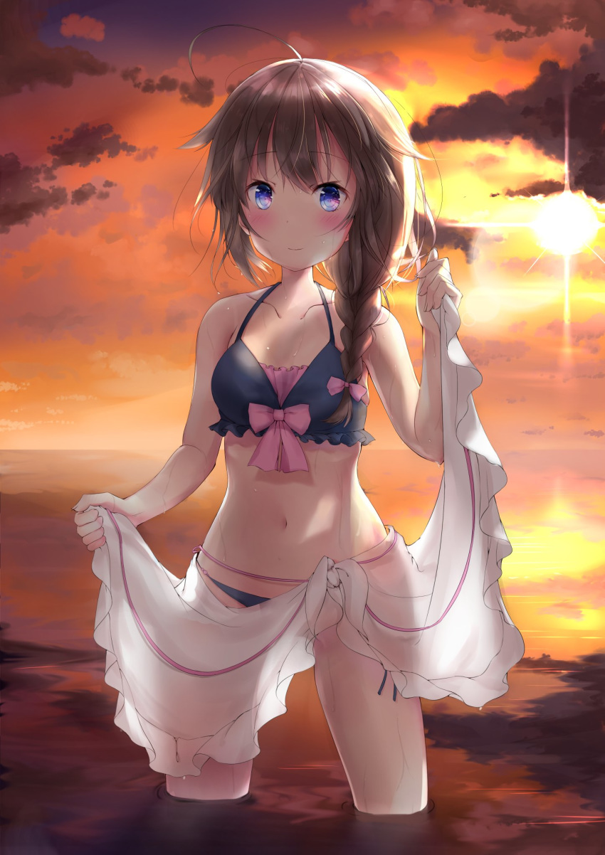 ahoge alternate_costume bangs bare_arms bare_shoulders bikini blue_eyes blush bow bow_bikini braid brown_hair commentary_request diffraction_spikes frilled_bikini_top hair_flaps hair_over_shoulder hand_up highres ichinose_kizuki kantai_collection looking_at_viewer navel orange_sky pink_bow remodel_(kantai_collection) sarong sarong_lift shigure_(kantai_collection) single_braid sky smile solo sun swimsuit wading white_sarong