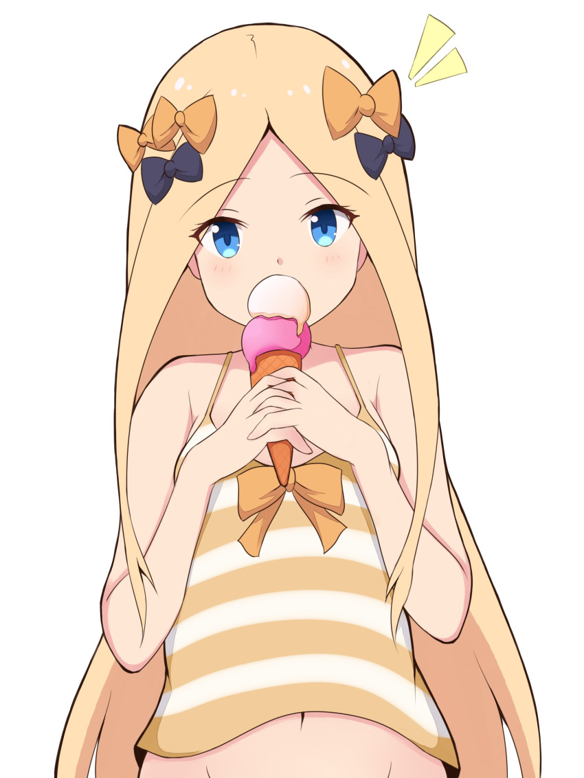 abigail_williams_(fate/grand_order) absurdres bangs bare_arms bare_shoulders black_bow blonde_hair blue_eyes blush bow camisole commentary_request covered_mouth double_scoop eyebrows_visible_through_hair fate/grand_order fate_(series) food forehead groin hair_bow highres holding holding_food ice_cream ice_cream_cone long_hair mitchi navel orange_bow parted_bangs simple_background solo striped striped_camisole upper_body very_long_hair white_background