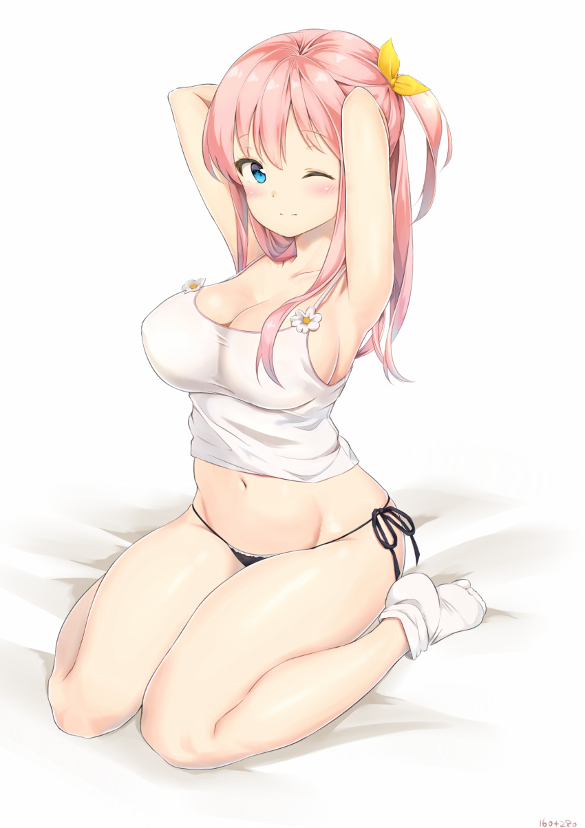 ;) armpits arms_behind_head arms_up aymusk bangs bare_shoulders bed_sheet black_panties blue_eyes blush breasts cleavage closed_mouth collarbone commentary crop_top eyebrows_visible_through_hair groin hair_between_eyes hair_ribbon highres large_breasts long_hair looking_at_viewer navel on_bed one_eye_closed original panties ribbon shirt side-tie_panties sidelocks sitting sleeveless smile socks solo stomach tank_top underwear wariza white_background white_legwear white_shirt yellow_ribbon