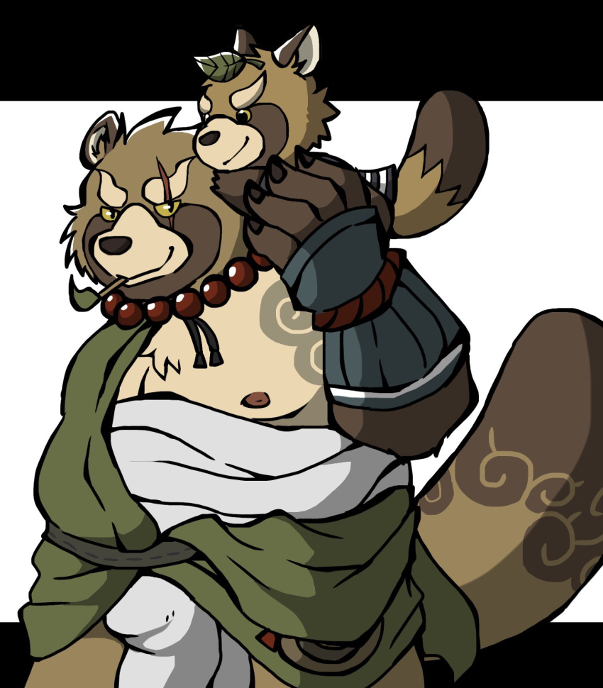 2018 anthro belly brown_fur canine clothed clothing duo fundoshi fur gyobu japanese_clothing leaf male mammal moobs nipples overweight overweight_male scar simple_background tanuki tokyo_afterschool_summoners underwear white_background