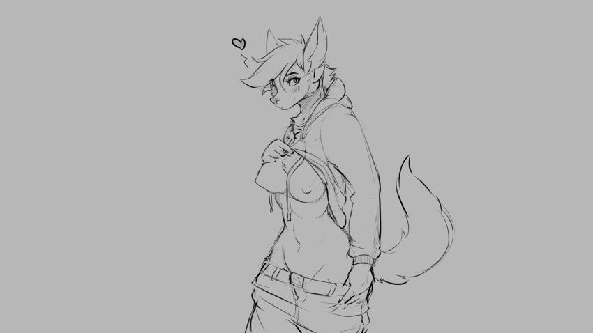 &lt;3 anthro blush breasts canine female flashing greyscale looking_at_viewer mammal monochrome nipples sketch solo watsup wide_hips
