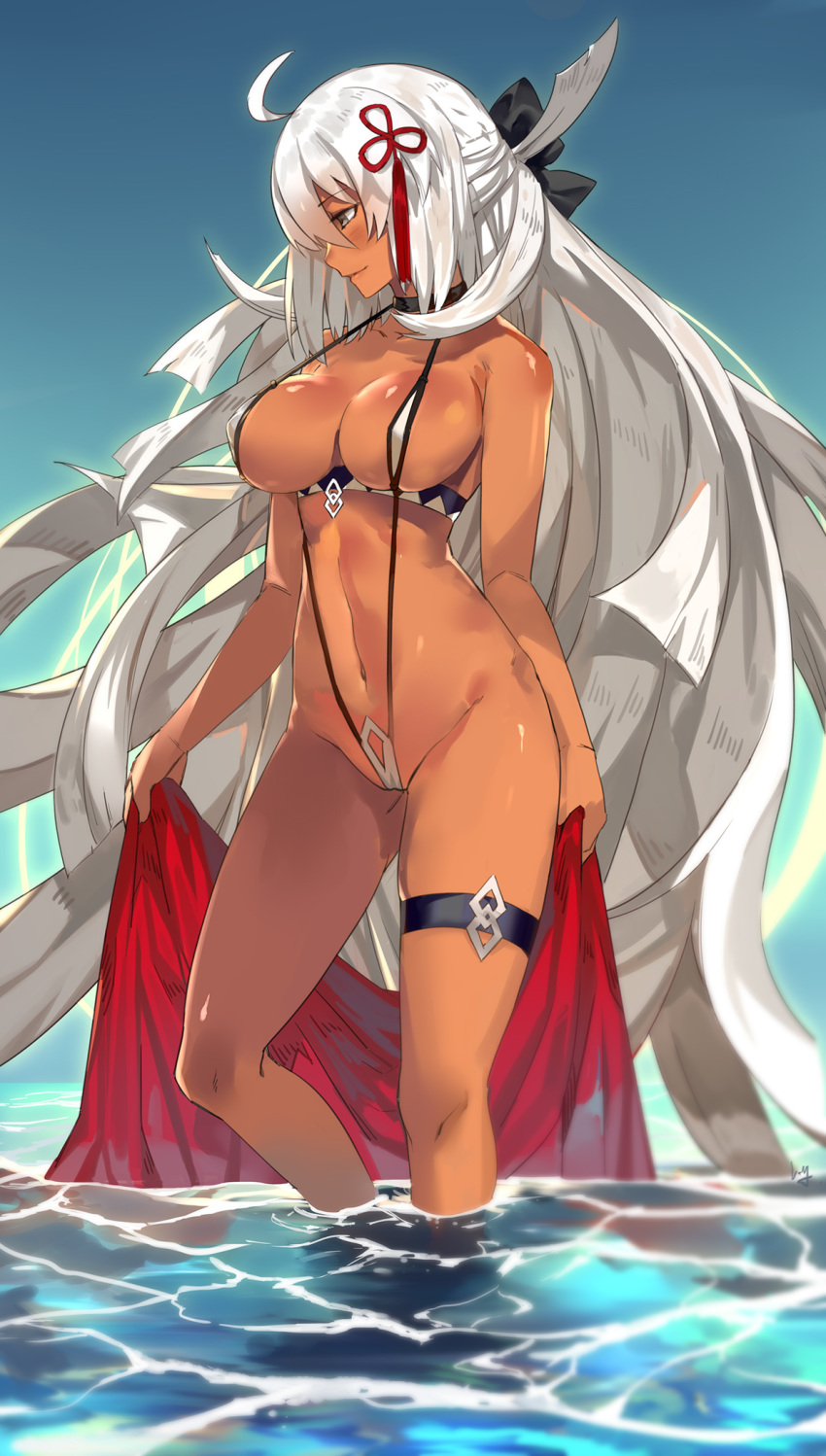 ahoge bangs bare_shoulders black_bow blush bow breasts choker cleavage closed_mouth collarbone commentary dark_skin fate/grand_order fate_(series) grey_eyes highres hips large_breasts long_hair nanaya_(daaijianglin) navel okita_souji_(alter)_(fate) okita_souji_(fate)_(all) slingshot_swimsuit smile solo swimsuit tassel thigh_strap thighs tied_hair very_long_hair wading water white_hair white_swimsuit