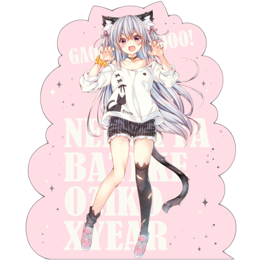 :3 :d animal_ears bare_shoulders black_legwear black_shorts blush bow breasts cat_ears cat_girl cat_tail claw_pose collarbone commentary_request fang fingernails hair_bow hands_up highres long_hair off-shoulder_shirt ooji_cha open_mouth orange_scrunchie original oziko_(ooji_cha) pink_bow pink_footwear pinstripe_pattern purple_eyes scrunchie shirt shoes short_shorts shorts silver_hair single_sock single_thighhigh small_breasts smile socks solo standing striped striped_bow tail thighhighs torn_clothes torn_legwear v-shaped_eyebrows vertical-striped_shorts vertical_stripes very_long_hair white_shirt wrist_scrunchie