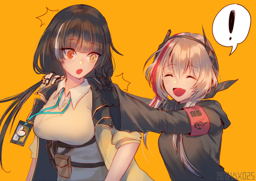2girls armband artist_name bangs black_gloves black_hair blush closed_eyes eyebrows_visible_through_hair fang girls_frontline gloves hair_between_eyes hand_on_another's_shoulder happy headgear heterochromia hood hood_down hooded_jacket jacket lanyard long_hair looking_at_another looking_at_viewer m4_sopmod_ii_(girls_frontline) multicolored_hair multiple_girls name_tag open_mouth orange_eyes pink_hair pouch prosthesis prosthetic_arm red_eyes red_hair ro635_(girls_frontline) shirt simple_background sleeves_rolled_up smile streaked_hair surprised twintails white_hair xanax025 yellow_background yellow_eyes