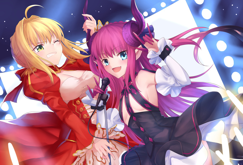 :d ahoge arm_up armpits bangs black_dress blonde_hair blue_eyes blush braid breasts cleavage clenched_teeth commentary curled_horns detached_sleeves dragon_girl dragon_horns dragon_tail dress dutch_angle elizabeth_bathory_(fate) elizabeth_bathory_(fate)_(all) english_commentary eyebrows_visible_through_hair fang fate/extra fate/extra_ccc fate_(series) gogatsu_fukuin green_eyes hair_between_eyes hair_bun hair_intakes highres holding holding_microphone horn_grab horns juliet_sleeves long_hair long_sleeves looking_at_viewer medium_breasts microphone microphone_stand multiple_girls nero_claudius_(fate) nero_claudius_(fate)_(all) one_eye_closed open_mouth pink_hair puffy_sleeves red_dress sidelocks sleeveless sleeveless_dress sleeves_past_wrists small_breasts smile tail teeth v-shaped_eyebrows very_long_hair wide_sleeves