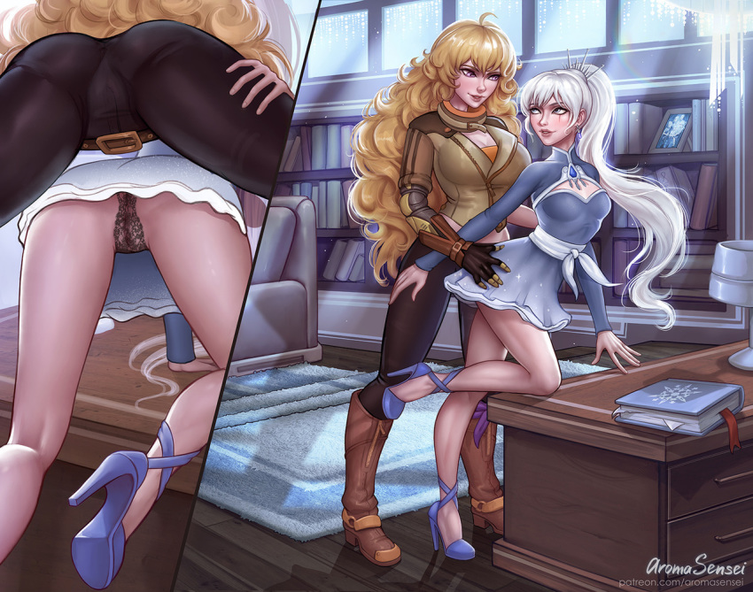 2girls ahoge aroma_sensei artist_name ass belt blonde_hair blue_eyes breasts desk fingerless_gloves gloves hands_on_another's_hips heels height_difference high_collar high_heels imminent_sex long_hair long_sleeves looking_at_each_other medium_breasts multiple_girls office on_desk panties pants prosthesis prosthetic_arm purple_eyes pussy rwby scar see-through side_ponytail split_screen thigh_grab thighs tiara underwear weiss_schnee white_hair yang_xiao_long yuri
