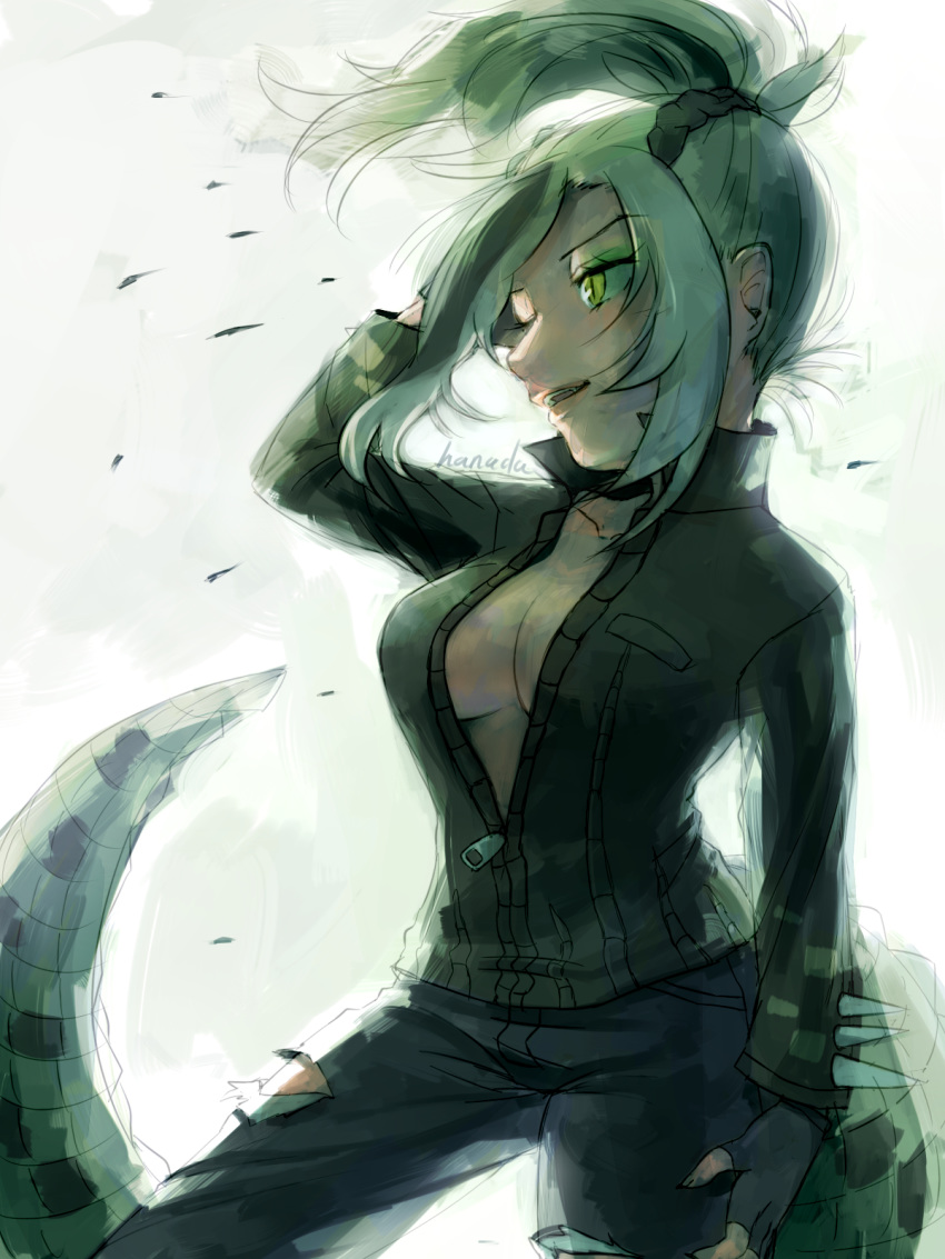 2018 animal_humanoid big_breasts biped breasts cleavage clothed clothing crocodile crocodilian crocodilian_humanoid digital_drawing_(artwork) digital_media_(artwork) eyelashes eyeshadow female fingerless_gloves front_view gloves grey_clothing grey_hair grey_scales grey_spots hair half-length_portrait hanada03 hand_behind_head hi_res humanoid humanoid_hands jacket jeans kemono_friends light_skin lighting long_tail makeup multicolored_hair multicolored_scales one_eye_closed open_mouth open_smile pants ponytail portrait raised_arm reptile reptile_humanoid saltwater_crocodile saltwater_crocodile_(kemono_friends) scales scalie shadow short_hair simple_background slit_pupils smile solo spiked_tail spikes spots spotted_scales standing tan_hair tan_scales tan_skin torn_clothing torn_jeans torn_pants two_tone_hair two_tone_scales white_background wink yellow_eyes