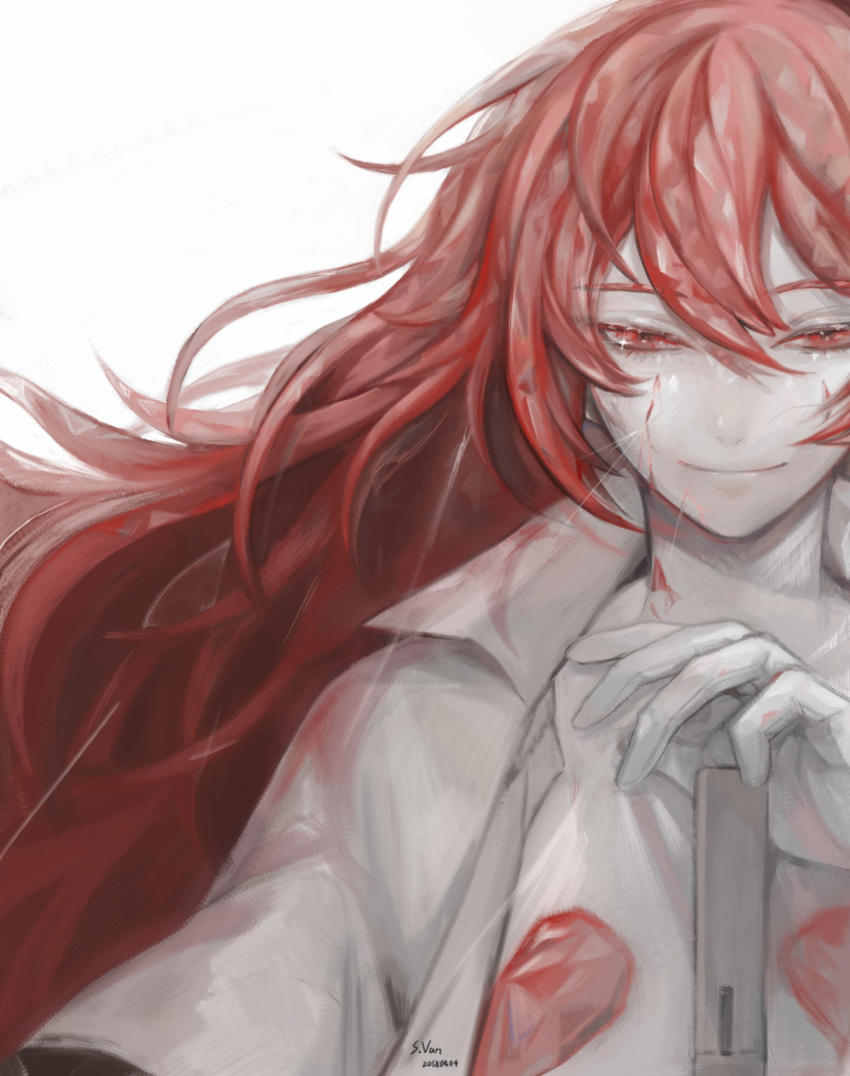 androgynous colored_eyelashes crack fan_(ekkk4574) gem gloves highres houseki_no_kuni long_hair looking_at_viewer open_clothes open_shirt padparadscha_(houseki_no_kuni) red_eyes red_hair signature smile solo upper_body wavy_hair white_background white_skin