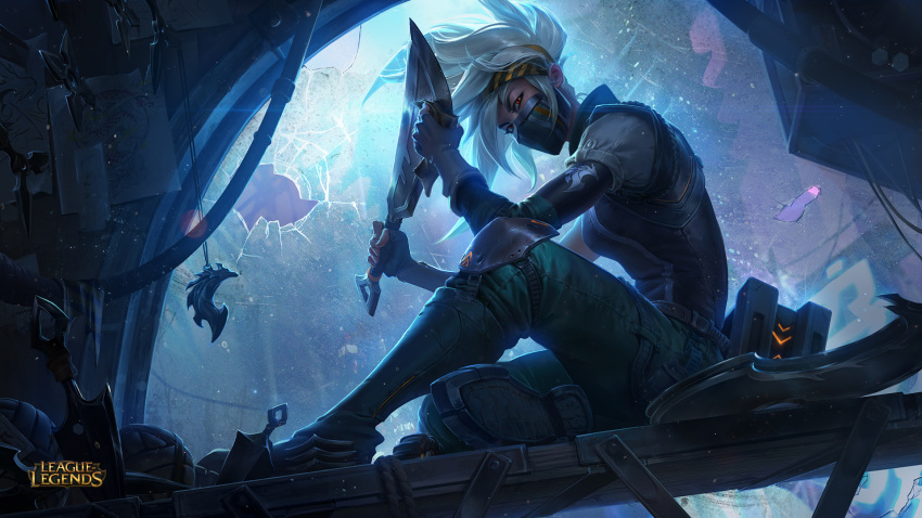 akali alternate_costume bandana broken_window covered_mouth dagger drawings fingerless_gloves gloves highres holding holding_weapon knife kunai league_of_legends long_hair looking_at_viewer mask military military_uniform official_art red_eyes shuriken solo uniform weapon