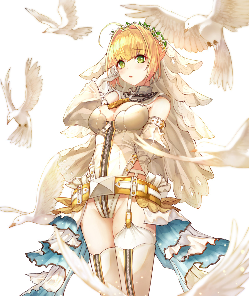absurdres adjusting_hair ahoge arm_behind_back arm_strap asymmetrical_legwear bangs bare_shoulders belt belt_buckle bird blonde_hair blue_skirt blurry blush breasts bridal_veil buckle chain cleavage commentary cowboy_shot dal_song depth_of_field detached_collar detached_sleeves dove eyebrows_visible_through_hair fate/extra fate/extra_ccc fate_(series) flower flower_wreath flying full-length_zipper garter_belt garter_straps gloves green_eyes groin hair_intakes hand_up head_wreath highleg highleg_leotard highres legs_together leotard light_particles lock long_sleeves loose_belt medium_breasts multicolored multicolored_clothes multicolored_skirt nero_claudius_(bride)_(fate) nero_claudius_(fate)_(all) padlock parted_lips partially_unzipped puffy_detached_sleeves puffy_sleeves raised_eyebrows showgirl_skirt sidelocks simple_background skirt solo standing strapless strapless_leotard thighhighs thighs tied_hair turtleneck unzipped veil white_background white_flower white_gloves white_legwear white_leotard white_skirt white_sleeves wide_sleeves wreath zipper zipper_pull_tab