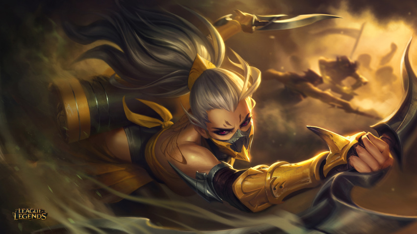 akali armor bare_shoulders dagger fingerless_gloves flag gloves highres holding holding_weapon league_of_legends long_hair looking_at_viewer mask official_art red_eyes scroll shawl smoke solo tattoo weapon white_hair