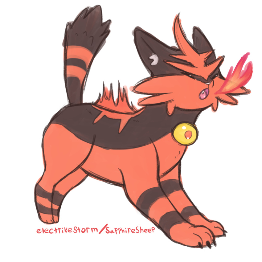 2018 ambiguous_gender bell black_fur claws electrikestorm eyes_closed feline feral fire fire_breathing fur hi_res mammal nintendo open_mouth pok&eacute;mon pok&eacute;mon_(species) red_fur simple_background solo stretching torracat video_games white_background