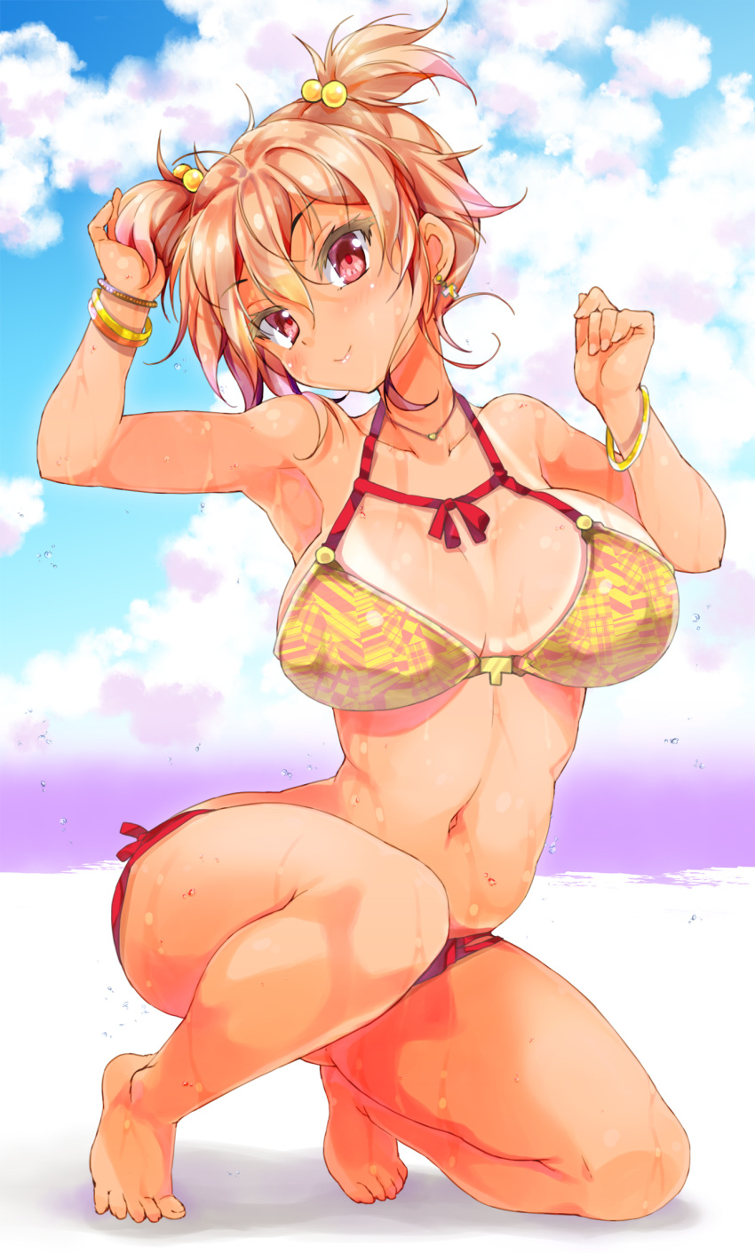 ahoge alternate_hairstyle armpits barefoot bikini bikini_tan bracelet breasts cafe-chan_to_break_time clenched_hands cloud cloudy_sky collarbone commentary_request day earrings eyebrows_visible_through_hair hair_between_eyes halterneck hand_in_hair hands_up highlights highres jewelry large_breasts light_brown_hair looking_at_viewer multicolored_hair navel necklace one_knee pink_hair porurin print_bikini_top red_eyes sidelocks sky smile solo swimsuit tan tanline tea_(cafe-chan_to_break_time) twintails wet