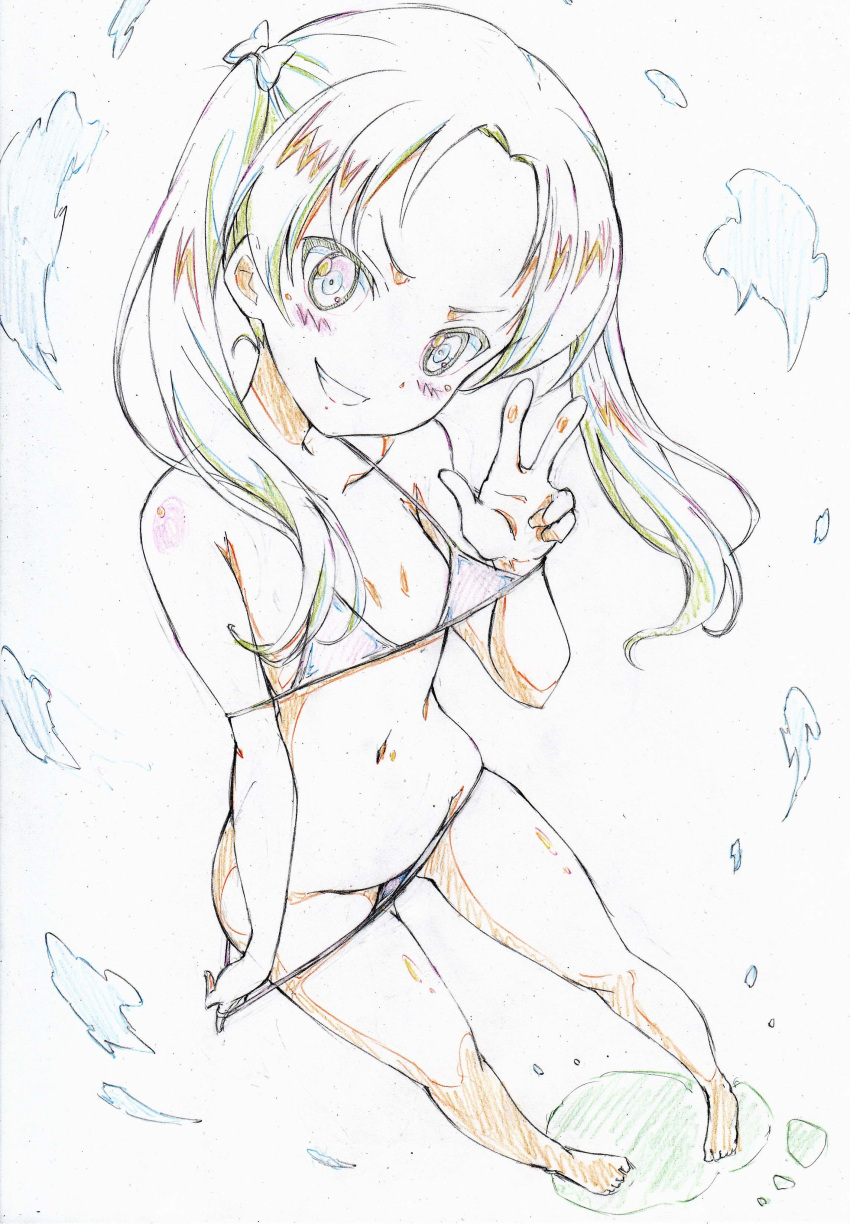 absurdres ass_visible_through_thighs bangs barefoot bikini bikini_pull blush bow color_trace colored_pencil_(medium) commentary full_body girls_und_panzer grin hair_bow head_tilt highres kadotani_anzu kitazinger long_hair looking_at_viewer micro_bikini navel parted_bangs partially_colored pigeon-toed pulled_by_self red_bikini smile solo standing swimsuit traditional_media twintails v-shaped_eyebrows w