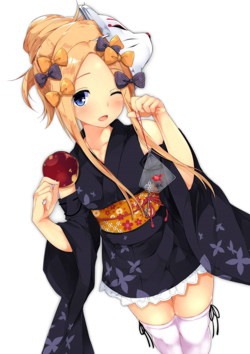 :d abigail_williams_(fate/grand_order) alternate_costume alternate_hairstyle bare_shoulders blonde_hair blush bow collarbone commentary_request detached_sleeves fan fate/grand_order fate_(series) fish floral_print forehead hair_bow hair_bun highres japanese_clothes key kimono looking_at_viewer mask obi one_eye_closed open_mouth orange_bow polka_dot polka_dot_bow purple_bow sash short_kimono sidelocks simple_background sleeveless sleeveless_kimono smile solo thighhighs tries white_background white_legwear wide_sleeves