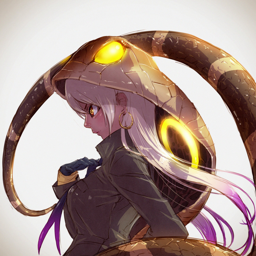 bangs black_gloves closed_mouth commentary dark_skin earrings from_side gloves gradient_hair hand_up highres hoop_earrings jewelry kemono_friends king_cobra_(kemono_friends) long_hair long_sleeves multicolored_hair nose profile purple_hair realistic scales snake_tail solo straight_hair striped_tail tail tail_raised takami_masahiro two-tone_hair upper_body white_hair yellow_eyes
