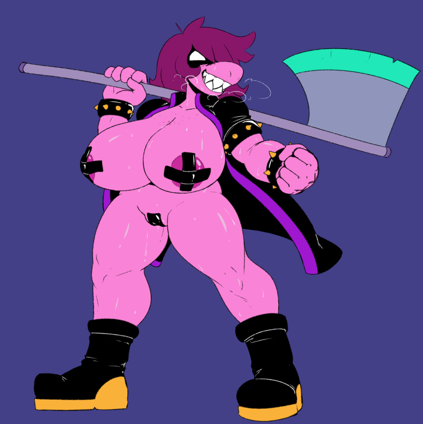 areola axe big_breasts boots bracelet breasts clothed clothing deltarune female footwear jewelry melee_weapon partially_clothed pasties reiduran reptile scalie sharp_teeth solo spiked_bracelet spikes susie_(deltarune) sweat tape teeth weapon