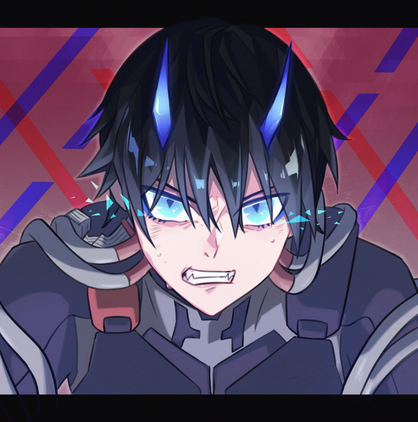bangs black_bodysuit black_hair blue_eyes blue_horns bodysuit comm327 commentary darling_in_the_franxx eyes_visible_through_hair fangs highres hiro_(darling_in_the_franxx) horns letterboxed looking_at_viewer male_focus oni_horns pilot_suit solo tube