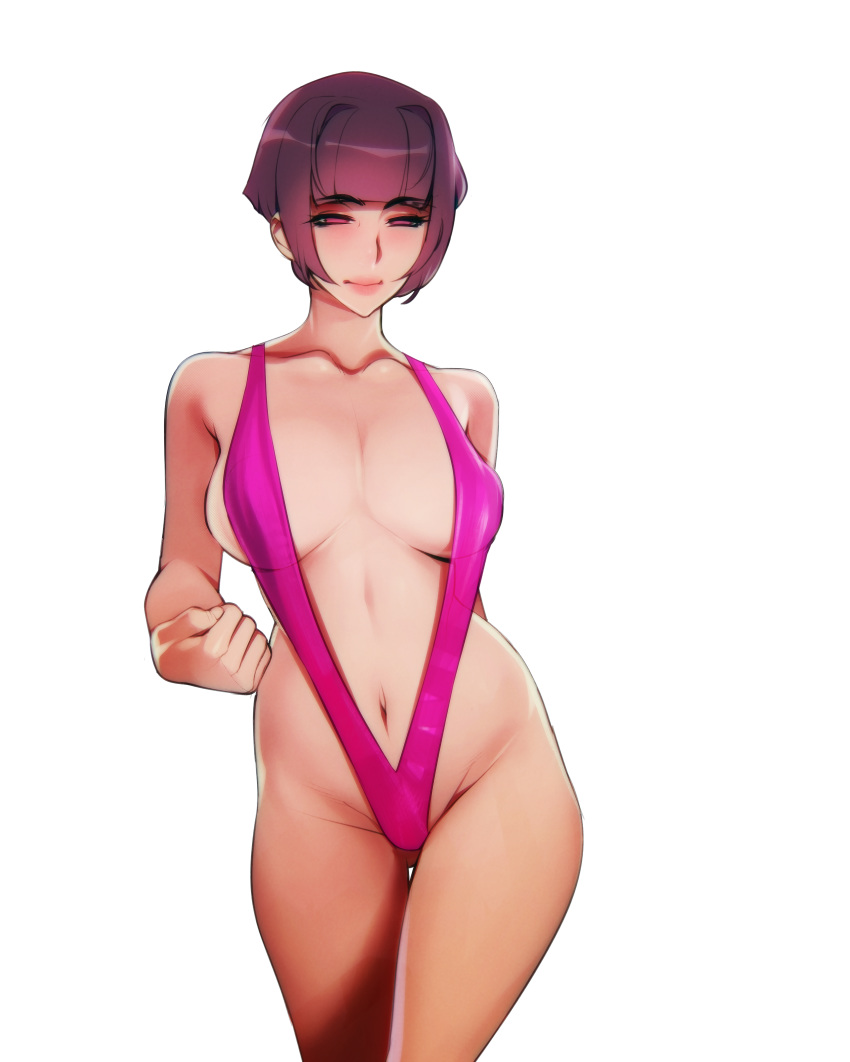 absurdres ass_visible_through_thighs bangs blunt_bangs breasts collarbone contrapposto doxy eyebrows_visible_through_hair hair_intakes highres large_breasts lips navel pink_eyes pink_swimsuit purple_hair real_life real_life_insert short_hair slingshot_swimsuit smile solo standing swimsuit swimsuitsuccubus white_background