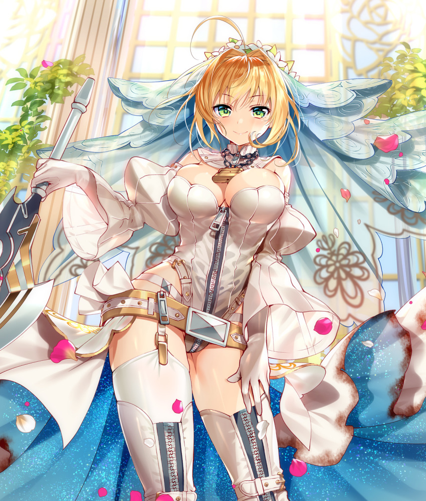 aestus_estus ahoge asymmetrical_legwear bangs bare_shoulders belt belt_buckle between_breasts blonde_hair blurry blush boots breasts bridal_veil buckle chain cleavage closed_mouth commentary contrapposto cowboy_shot day depth_of_field detached_collar detached_sleeves elbow_gloves eyebrows_visible_through_hair fate/extra fate/extra_ccc fate/grand_order fate_(series) flower flower_wreath full-length_zipper garter_belt garter_straps gloves green_eyes groin_tendon hair_intakes hand_on_own_thigh head_wreath highleg highleg_leotard highres holding holding_sword holding_weapon large_breasts leaf leaning_to_the_side leotard lock long_sleeves looking_at_viewer medium_breasts murakami_yuichi nero_claudius_(bride)_(fate) nero_claudius_(fate)_(all) outdoors padlock padlocked_collar petals puffy_detached_sleeves puffy_sleeves sidelocks skindentation smile solo standing strapless strapless_leotard sword thigh_boots thighhighs thighs veil waist_cape weapon white_gloves white_legwear white_leotard white_sleeves wide_sleeves wreath zipper zipper_pull_tab