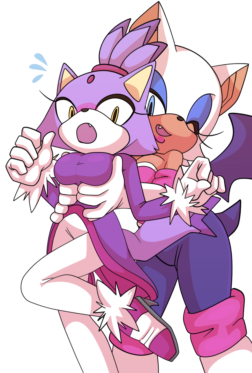 anthro bat blaze_the_cat blue_eyes blush breast_grab breasts cat clothed clothing dipstick_tail fangs feline female female/female fur gloves grabbing_from_behind grope hair hand_on_breast mammal multicolored_tail purple_fur purple_hair rouge_the_bat saltwatertoffee smile sonic_(series) surprise white_fur white_hair yellow_eyes