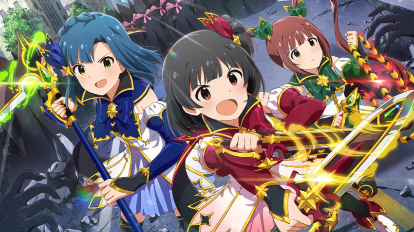 black_hair blue_hair blue_skirt bow braid brown_eyes brown_hair cloak closed_mouth dagger detached_sleeves dress dual_wielding dutch_angle energy game_cg hair_ornament hair_ribbon hairclip highres holding holding_weapon idolmaster idolmaster_million_live! idolmaster_million_live!_theater_days juliet_sleeves long_sleeves magical_girl matsuda_arisa multiple_girls nakatani_iku nanao_yuriko official_art one_side_up open_mouth puffy_sleeves red_ribbon ribbon scythe single_braid skirt smile staff tree twintails weapon whip yellow_eyes